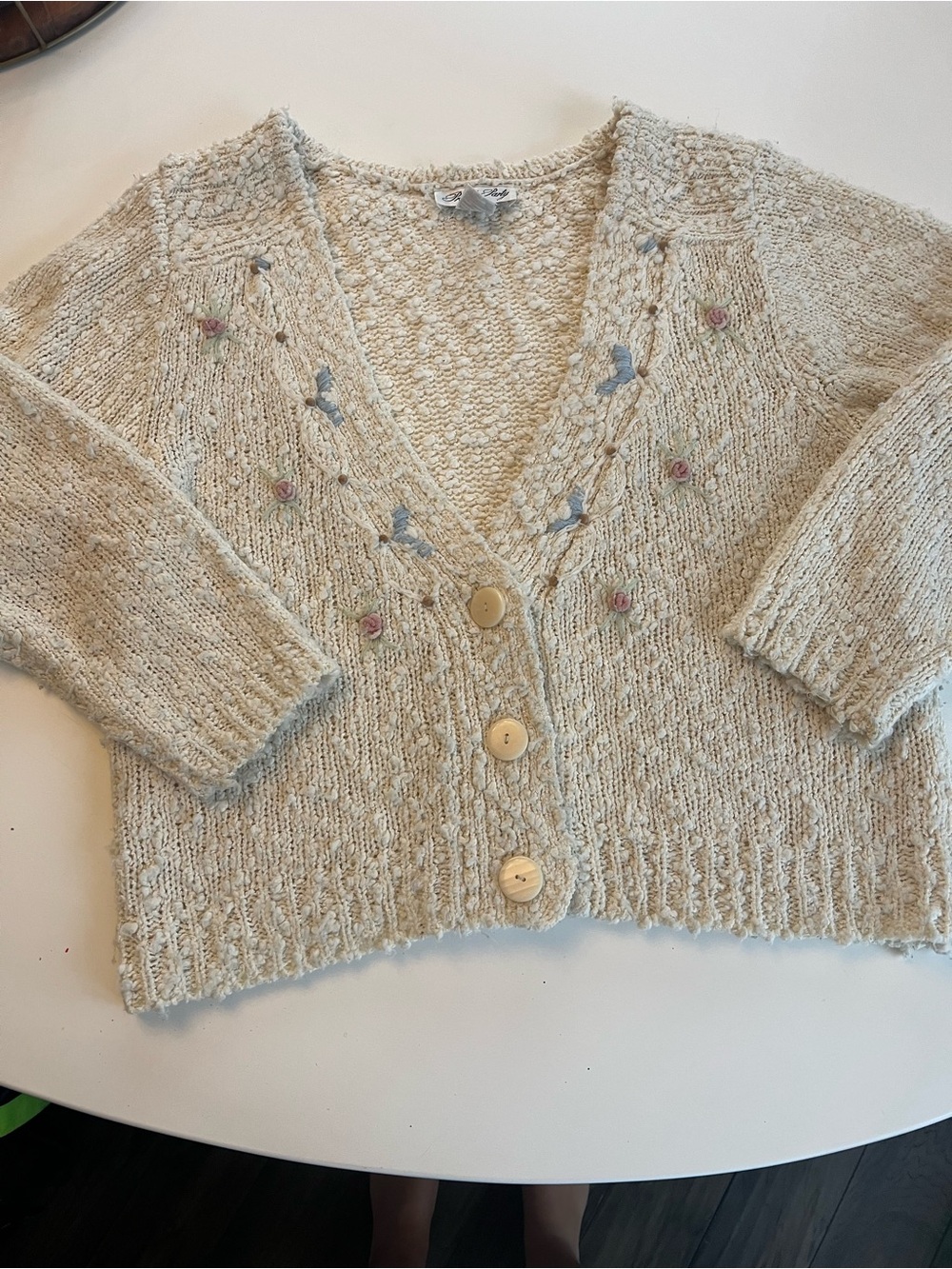 PRIVATE PARTY Cream Knit V-Neck Cardigan with Pink & Blue Floral Embroidery